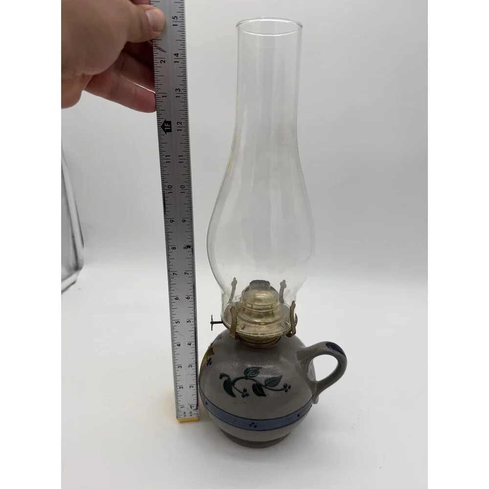 Rare Rowe Pottery Works Salt Glazed USA Oil Lamp Floral Pattern Painted 15”
